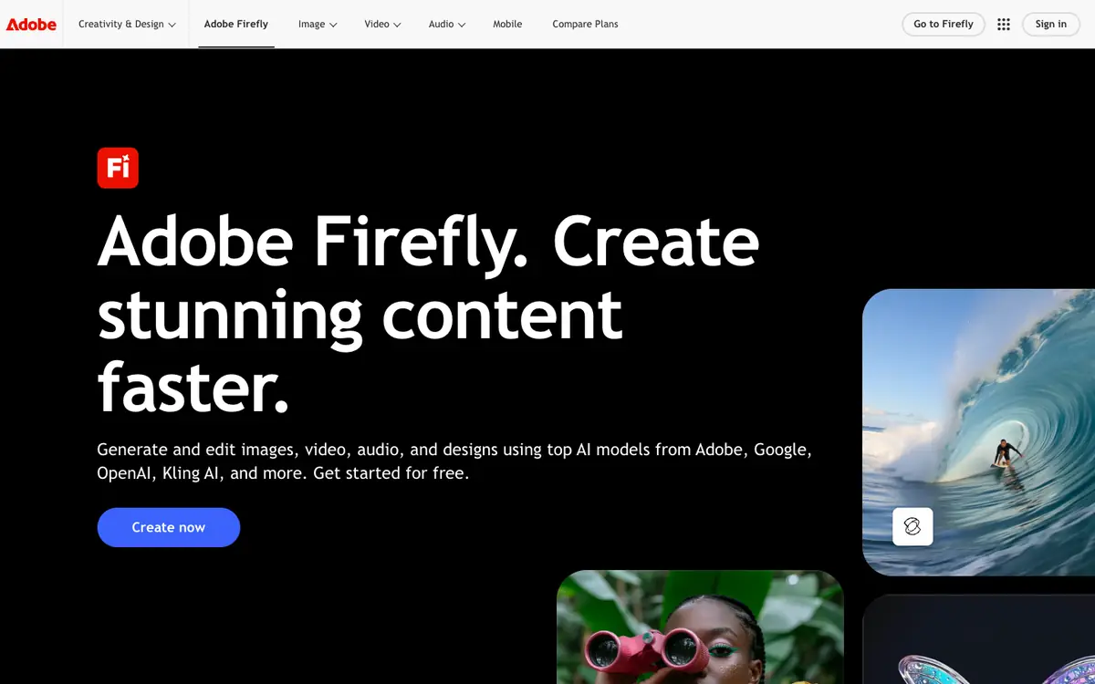 Capture d’écran de la page d’accueil de Adobe Firefly