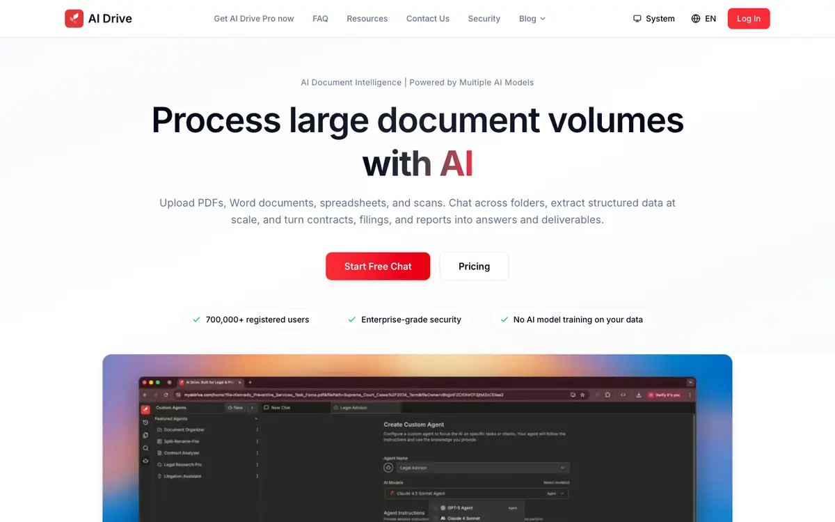 Capture d’écran de la page d’accueil de AI Drive