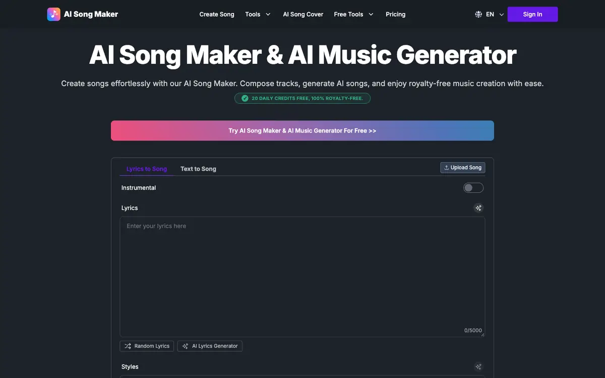 Capture d’écran de la page d’accueil de AI Song Maker