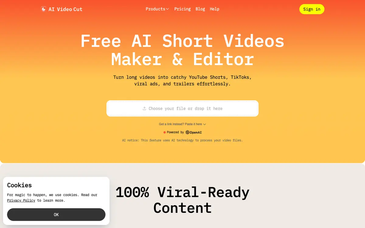 Capture d’écran de la page d’accueil de AI Video Cut