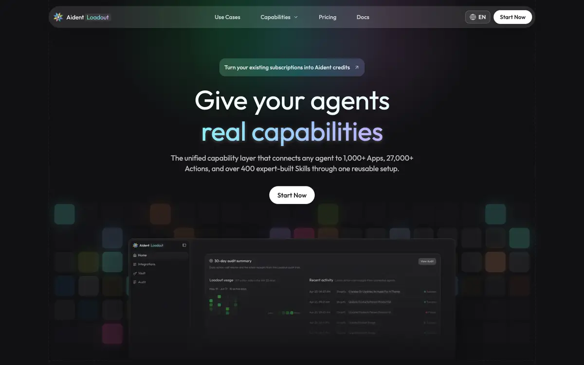 Capture d’écran de la page d’accueil de Aident Loadout