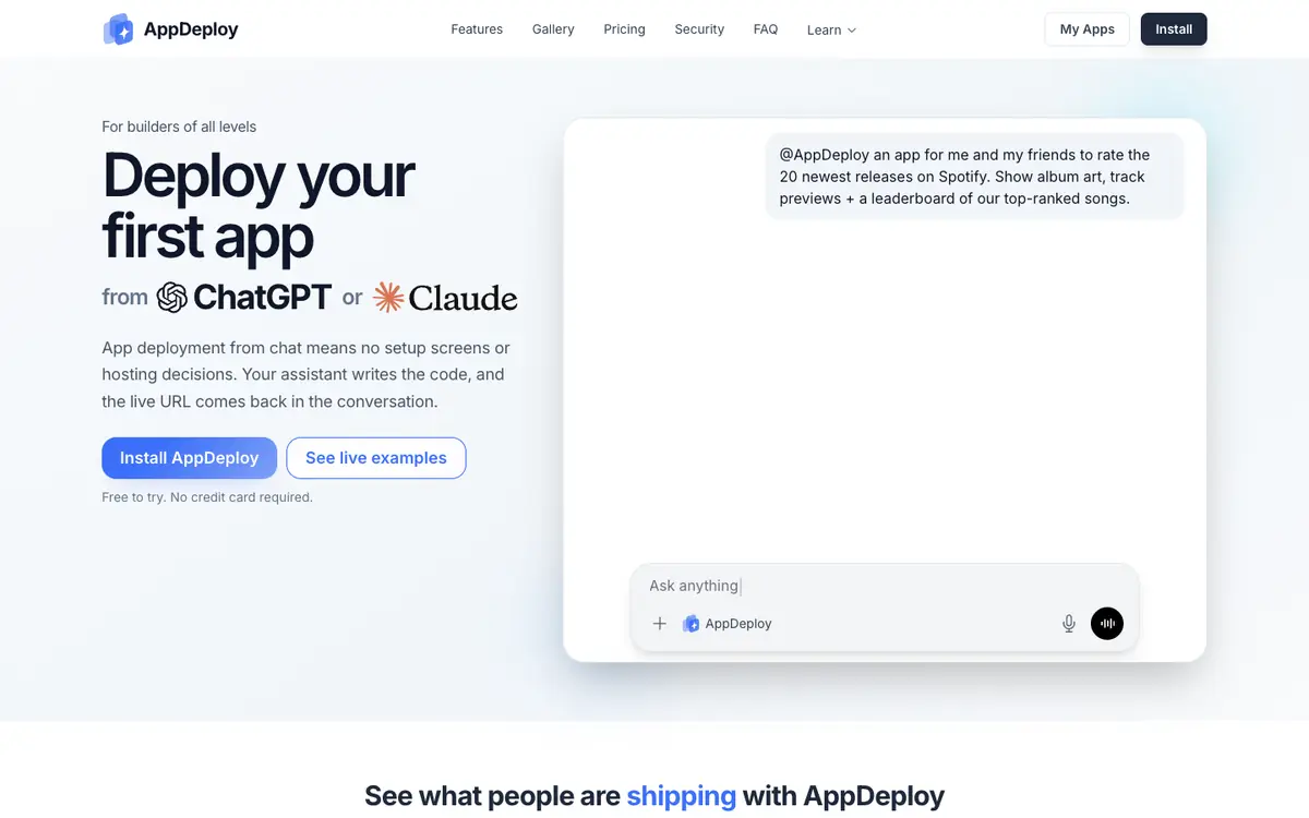 Capture d’écran de la page d’accueil de AppDeploy