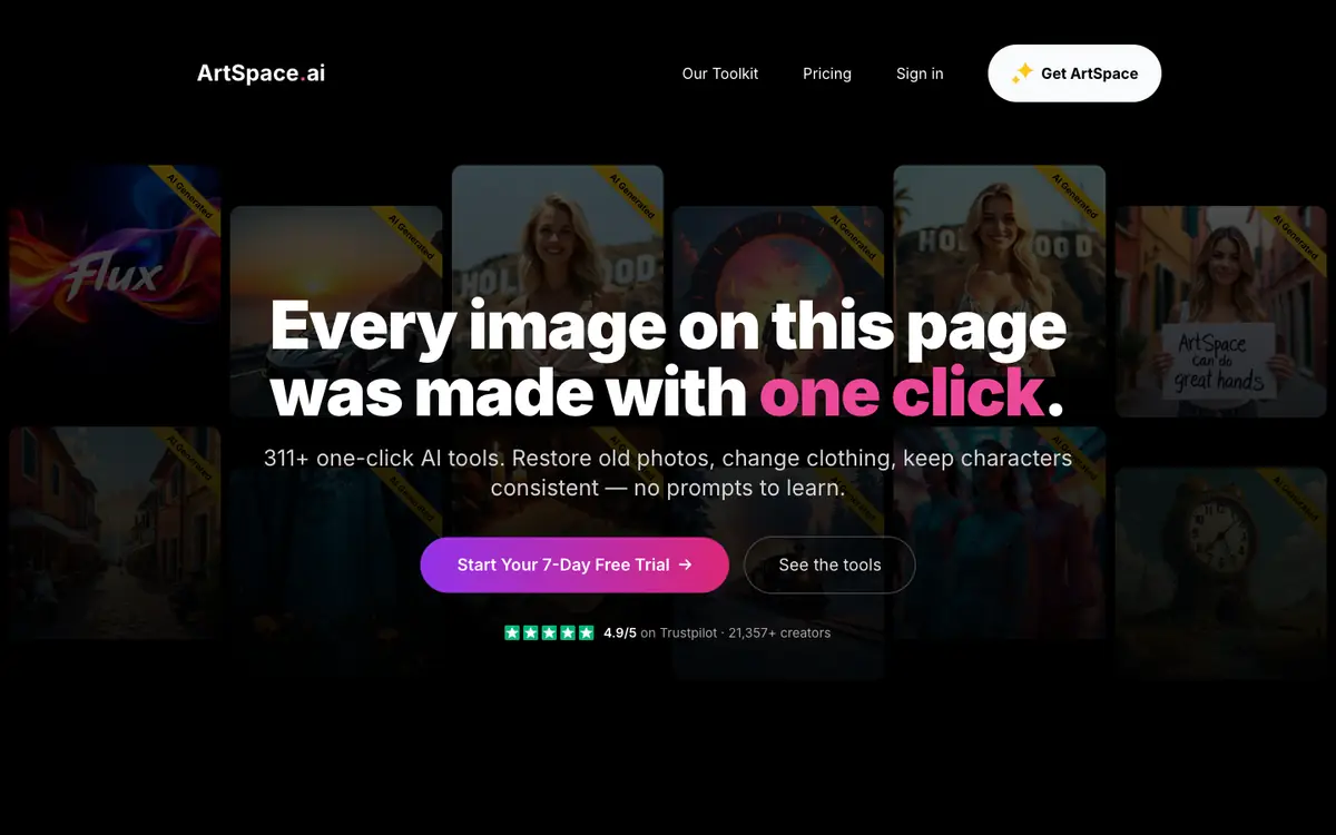Capture d’écran de la page d’accueil de ArtSpace.ai