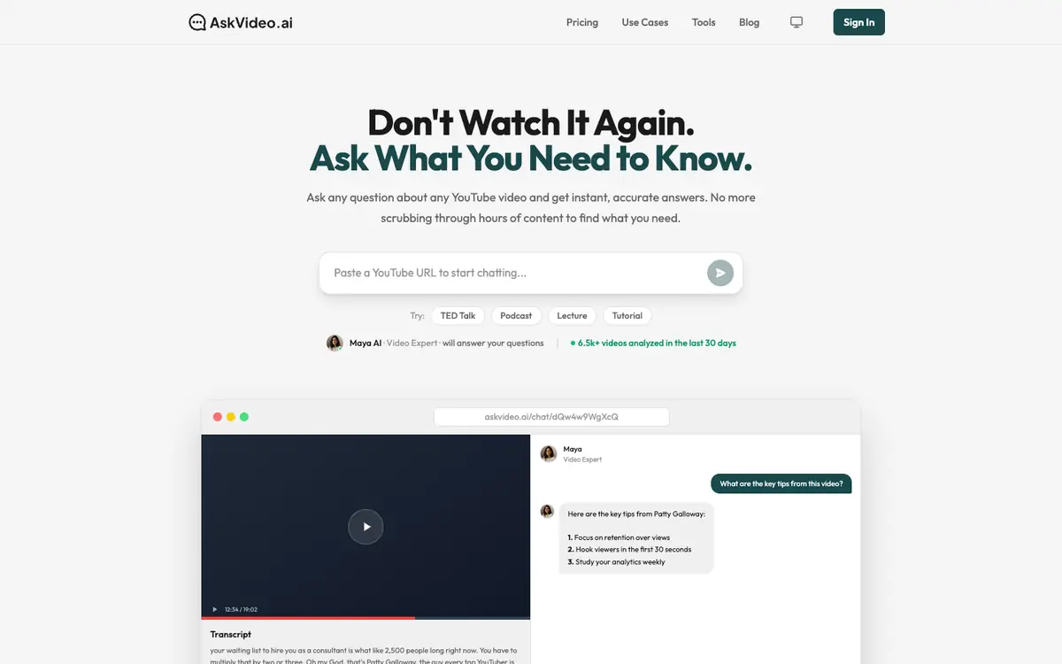 Capture d’écran de la page d’accueil de AskVideo.ai