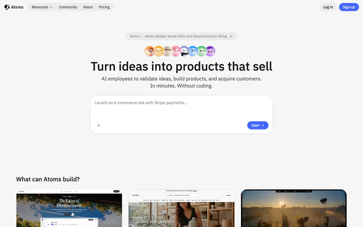 Capture d’écran de la page d’accueil de Atoms
