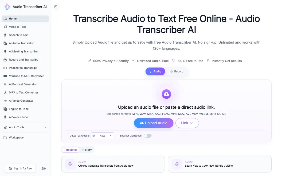 Capture d’écran de la page d’accueil de Audio Transcriber AI