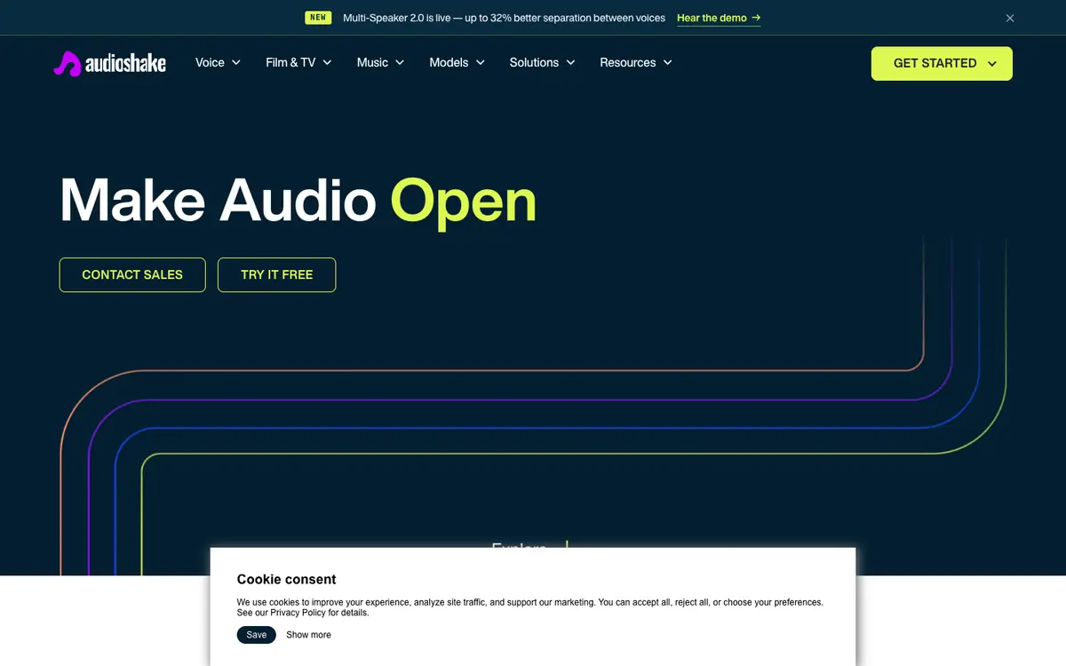 Capture d’écran de la page d’accueil de AudioShake