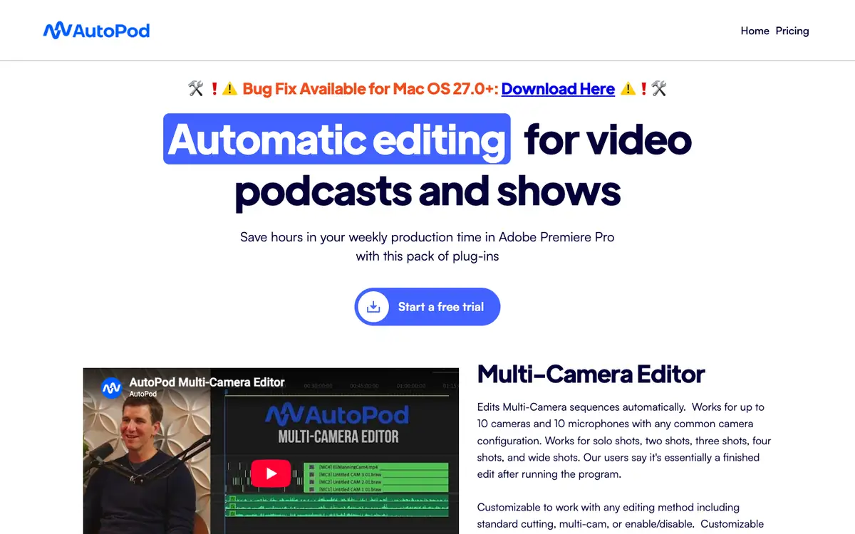 Capture d’écran de la page d’accueil de AutoPod