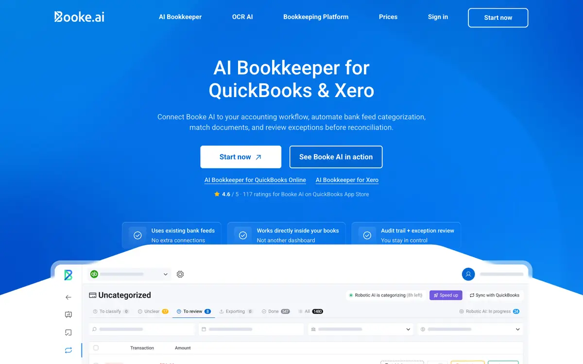 Capture d’écran de la page d’accueil de Booke AI