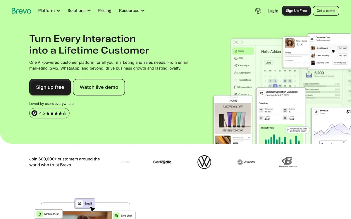 Capture d’écran de la page d’accueil de Brevo