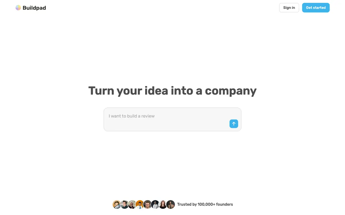 Capture d’écran de la page d’accueil de Buildpad