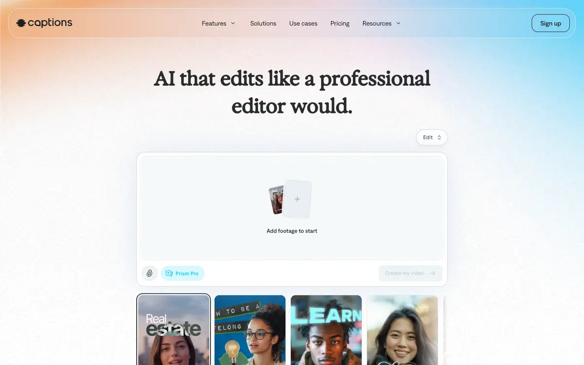 Capture d’écran de la page d’accueil de Captions