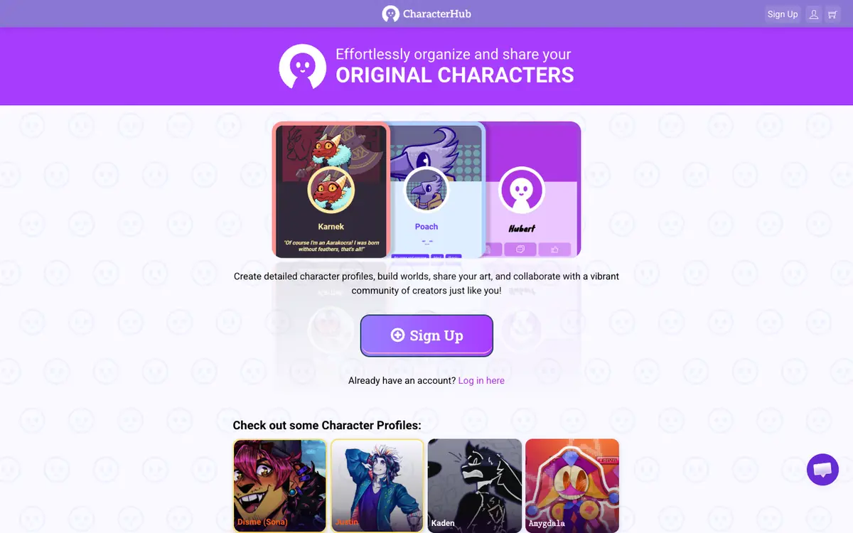 Capture d’écran de la page d’accueil de CharacterHub