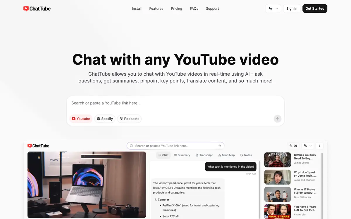 Capture d’écran de la page d’accueil de ChatTube