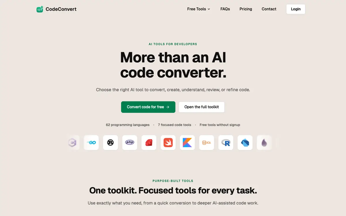 Capture d’écran de la page d’accueil de CodeConvert