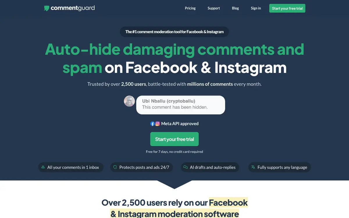 Capture d’écran de la page d’accueil de CommentGuard