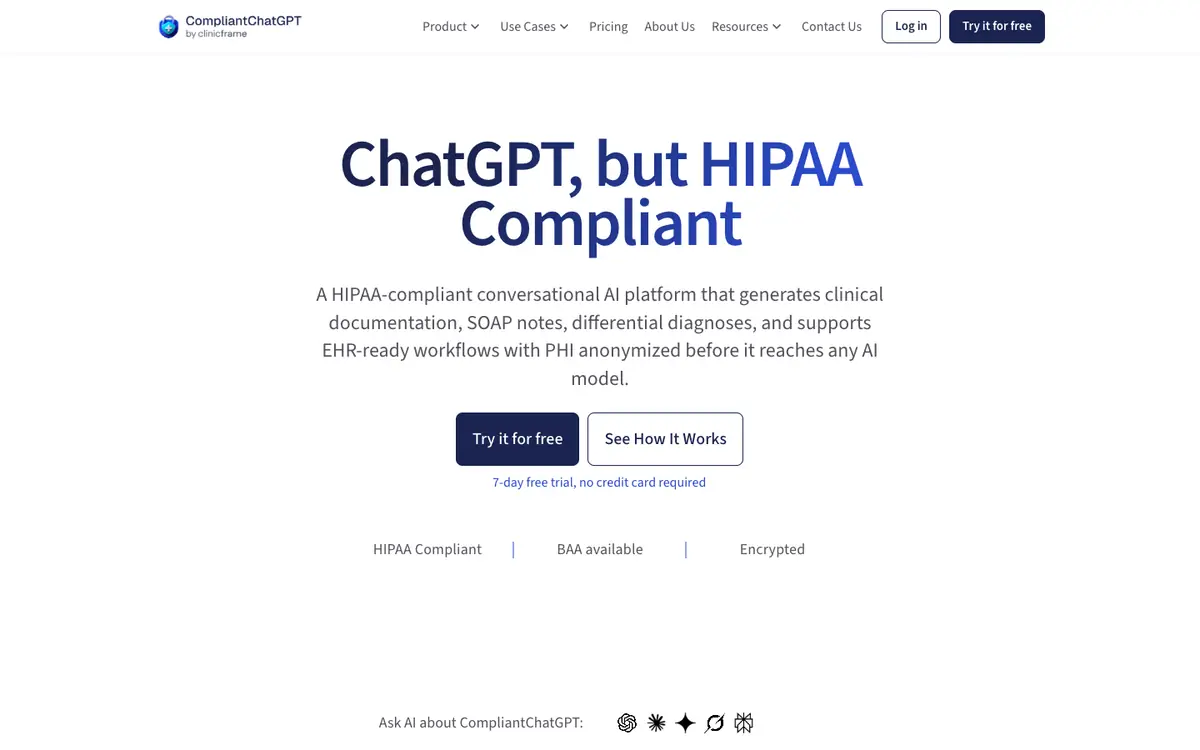 Capture d’écran de la page d’accueil de CompliantChatGPT