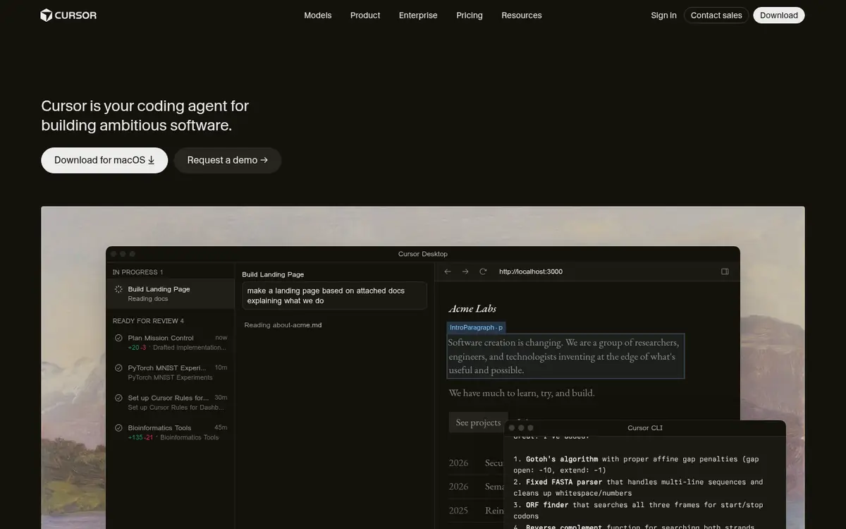 Capture d’écran de la page d’accueil de Cursor
