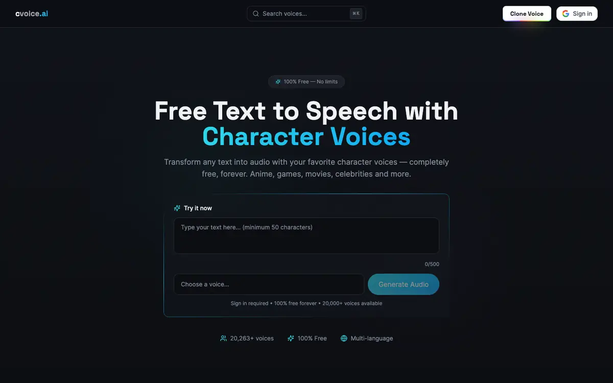 Capture d’écran de la page d’accueil de cvoice.ai