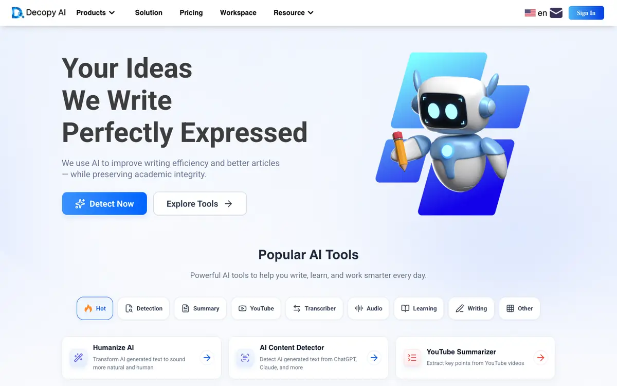 Capture d’écran de la page d’accueil de Decopy AI