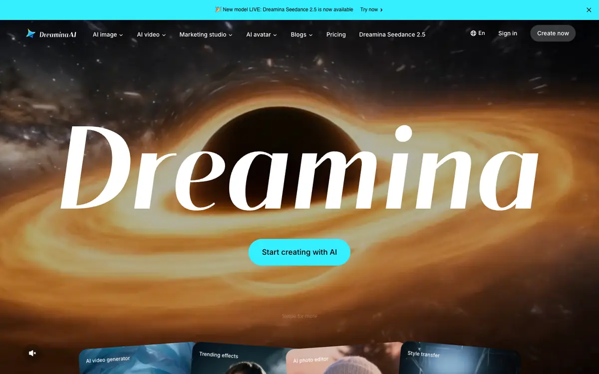 Capture d’écran de la page d’accueil de Dreamina