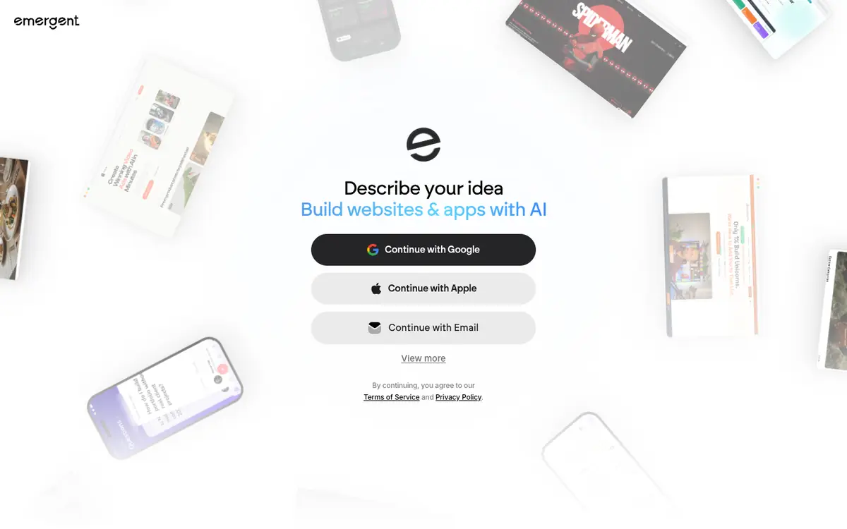 Capture d’écran de la page d’accueil de Emergent