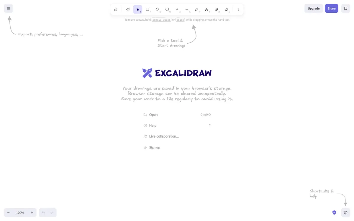 Capture d’écran de la page d’accueil de Excalidraw