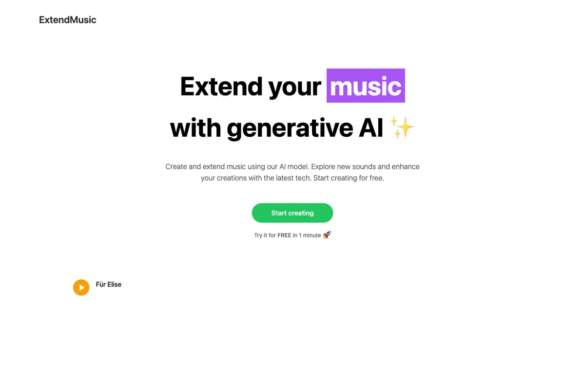 Capture d’écran de la page d’accueil de ExtendMusic