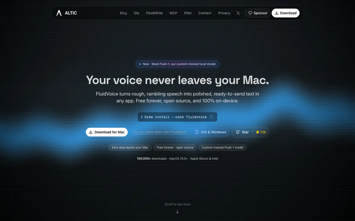 Capture d’écran de la page d’accueil de FluidVoice