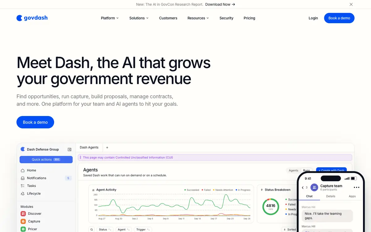 Capture d’écran de la page d’accueil de GovDash