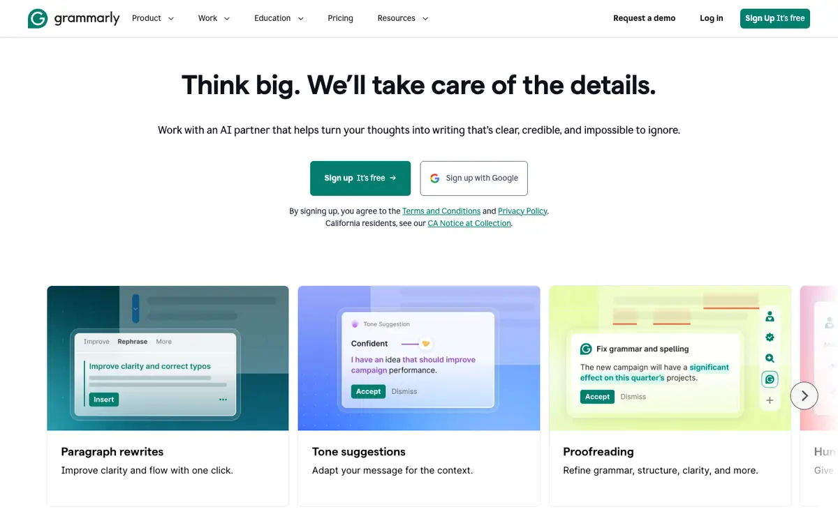 Capture d’écran de la page d’accueil de Grammarly
