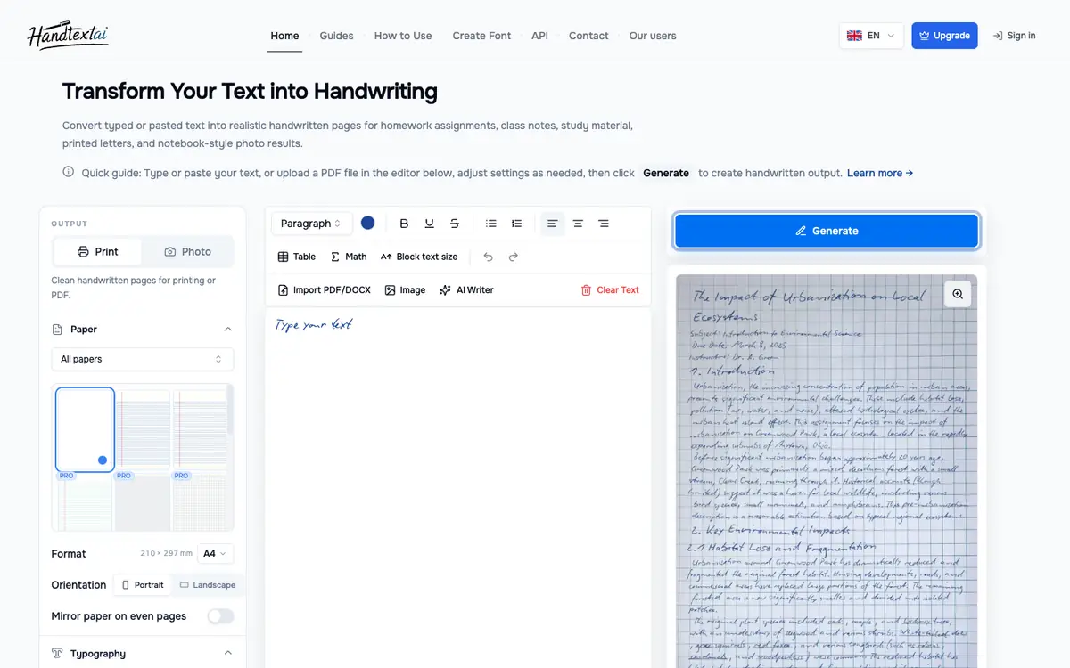 Capture d’écran de la page d’accueil de HandtextAI