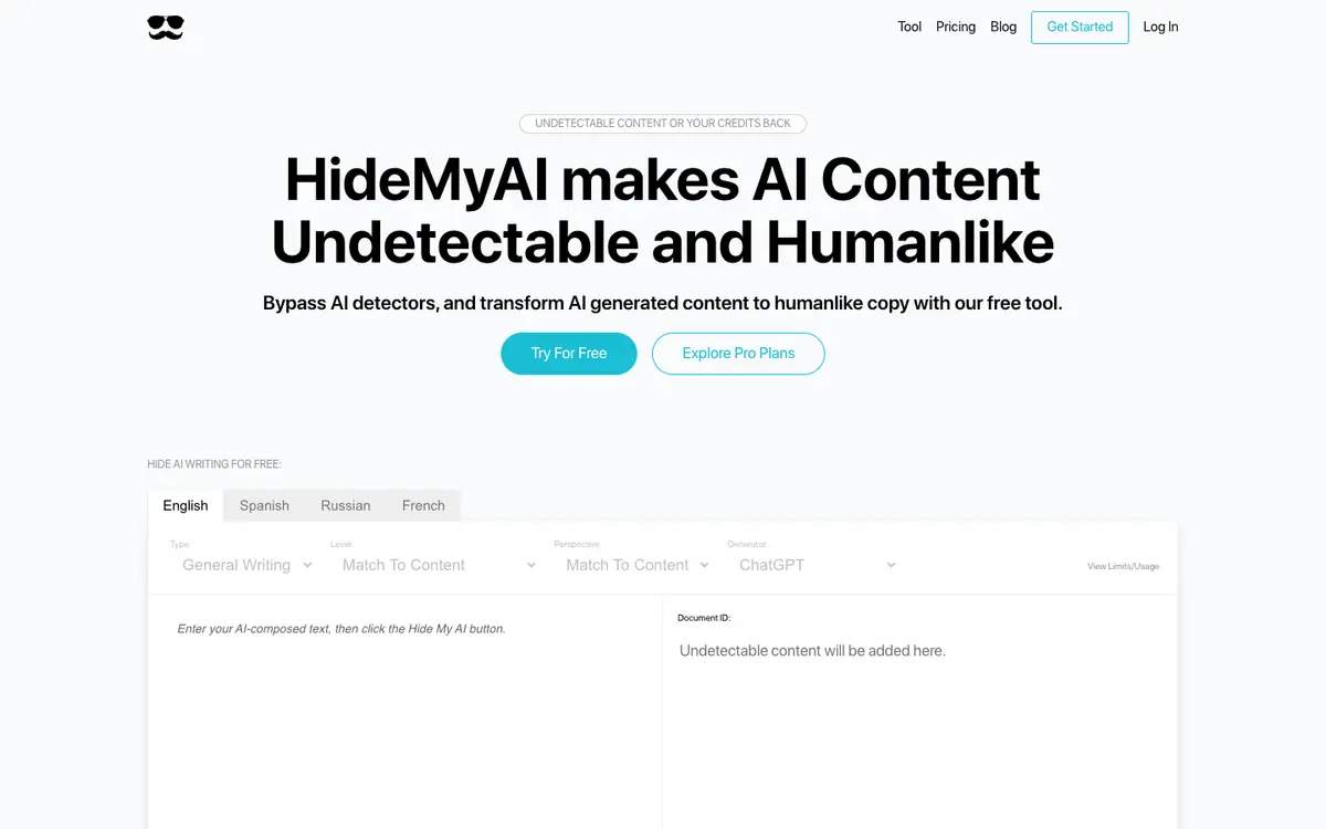 Capture d’écran de la page d’accueil de HideMyAI