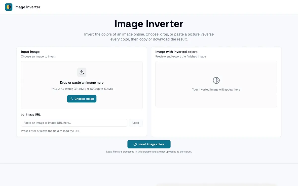 Capture d’écran de la page d’accueil de Image Inverter