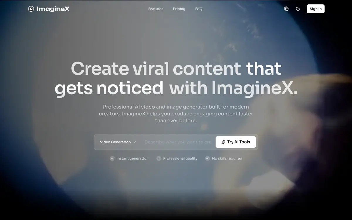 Capture d’écran de la page d’accueil de ImagineX