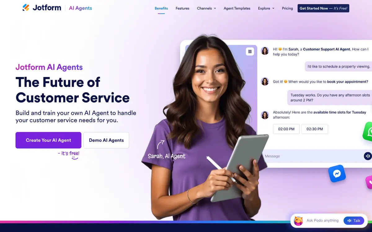 Capture d’écran de la page d’accueil de Jotform AI Agents