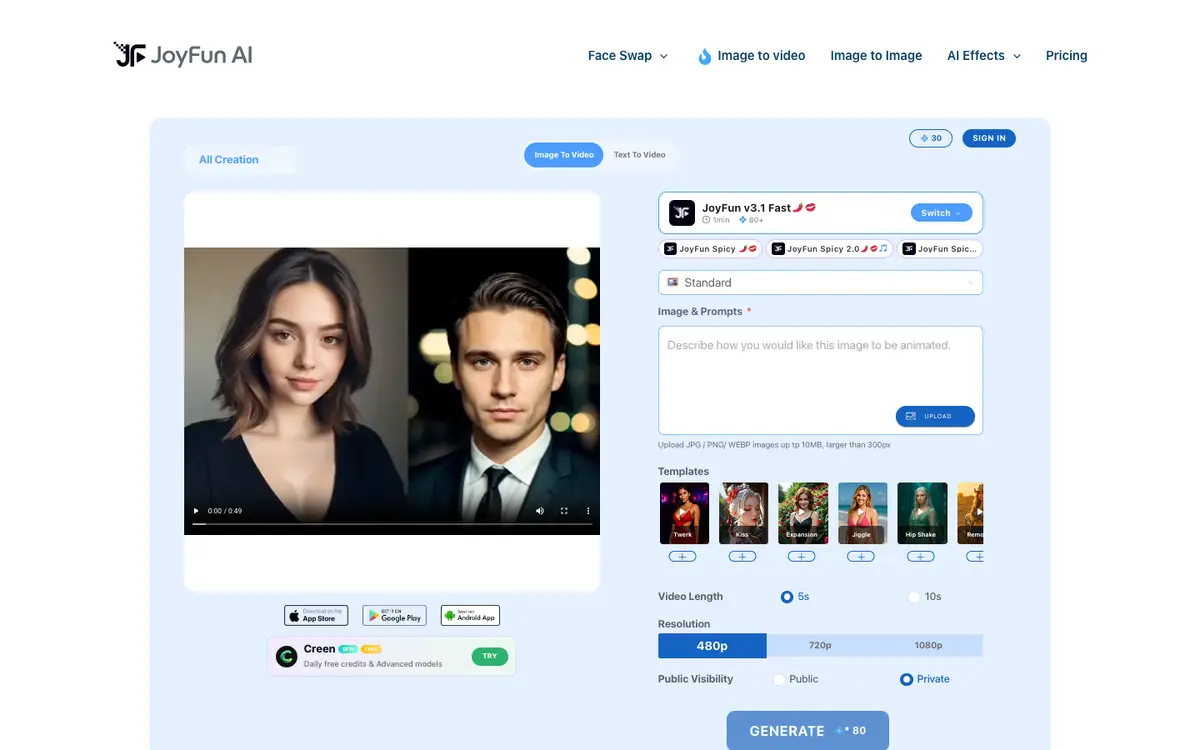 Capture d’écran de la page d’accueil de Joyfun AI