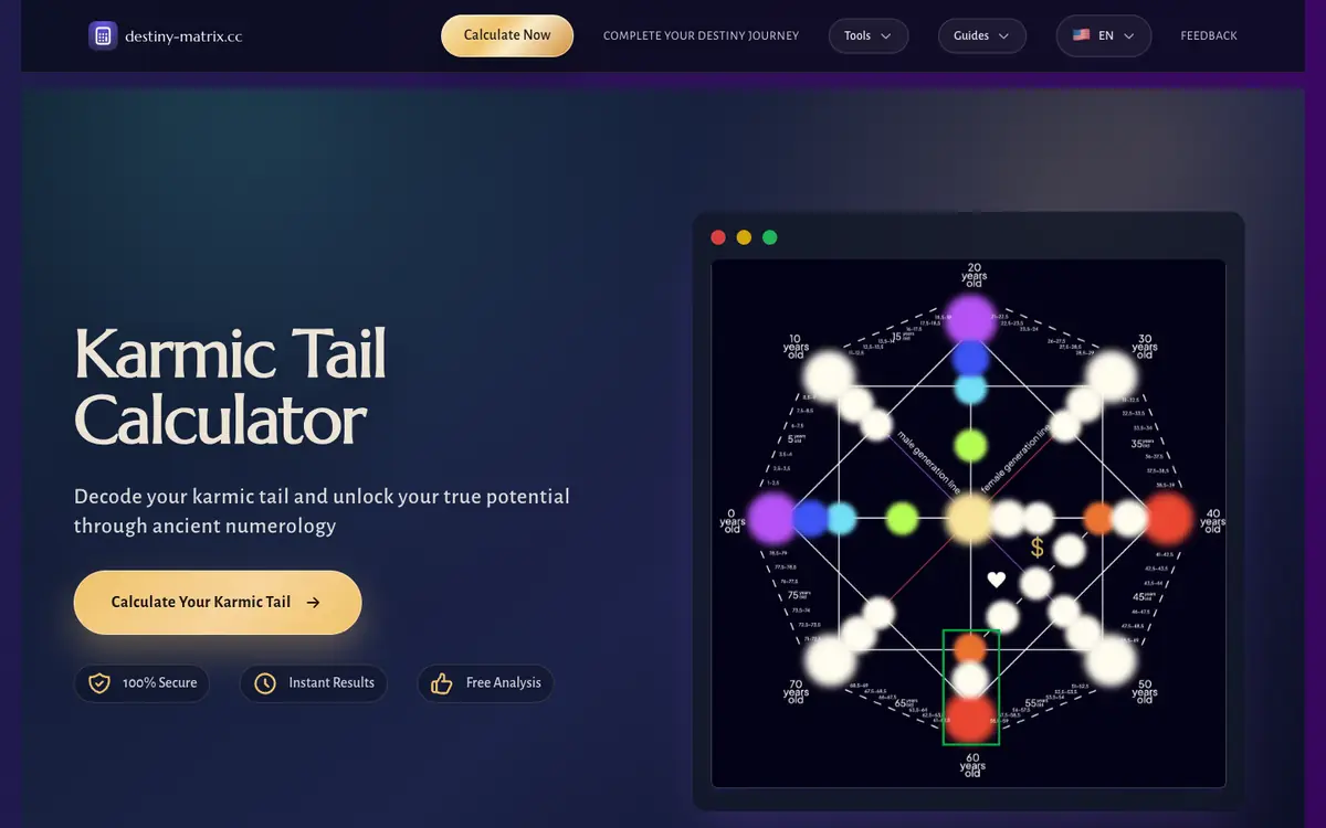 Capture d’écran de la page d’accueil de Karmic Tail Calculator