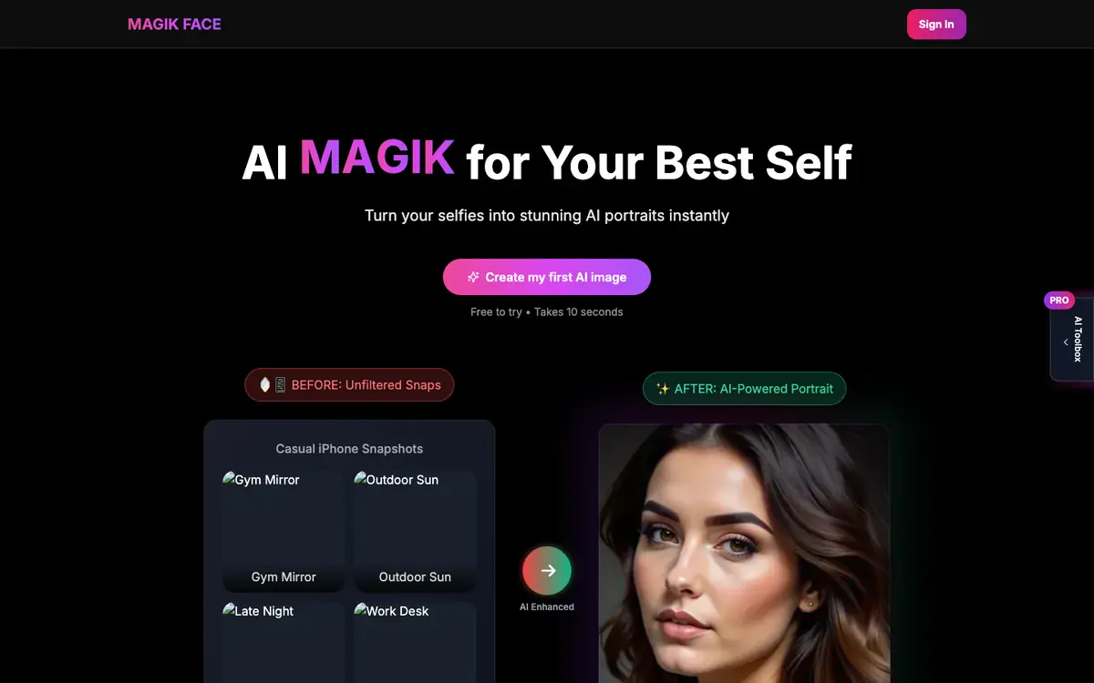 Capture d’écran de la page d’accueil de Magik Face
