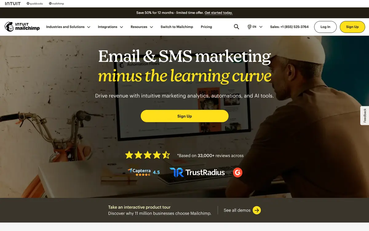 Capture d’écran de la page d’accueil de Mailchimp