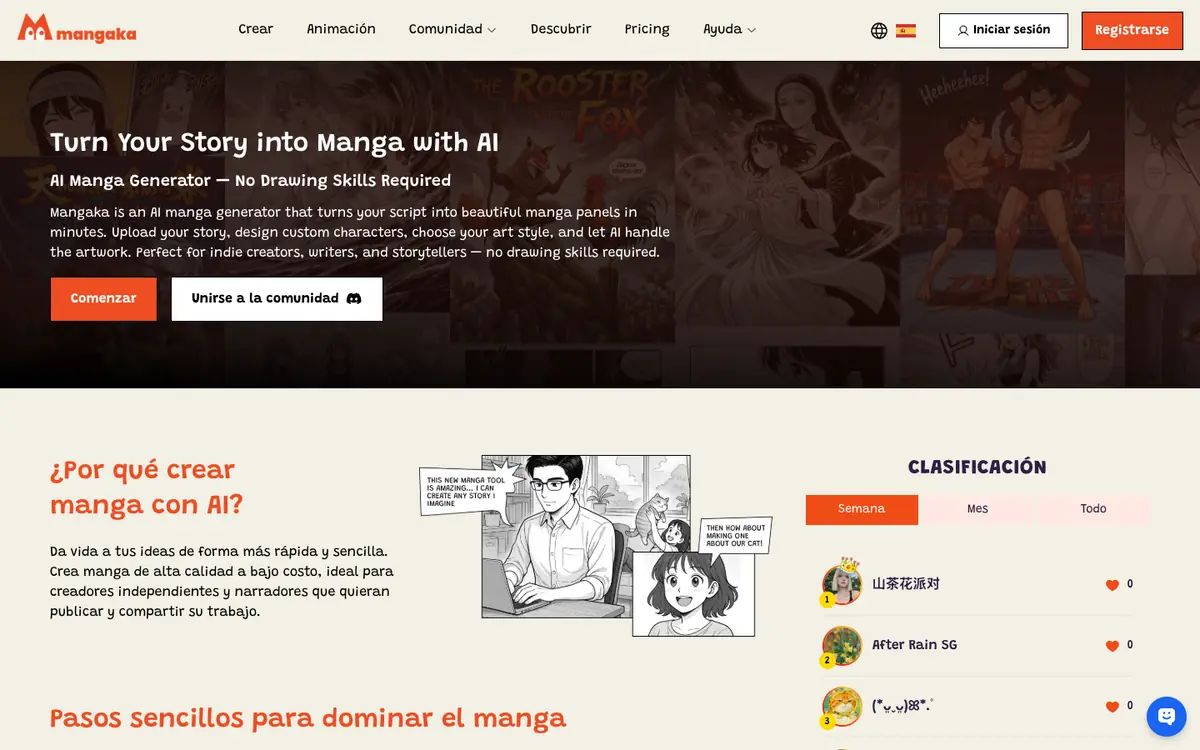 Capture d’écran de la page d’accueil de Mangaka