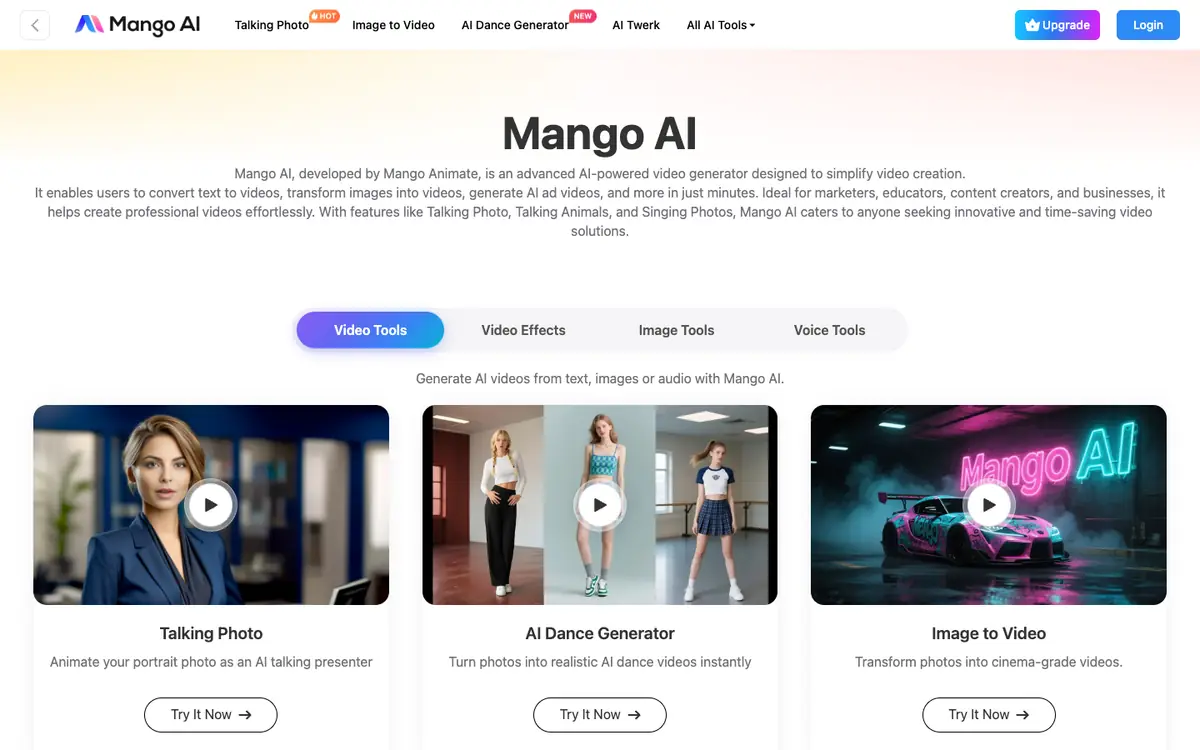 Capture d’écran de la page d’accueil de Mango AI
