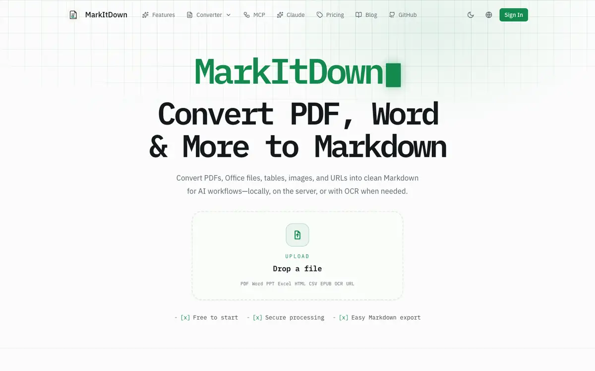 Capture d’écran de la page d’accueil de MarkItDown