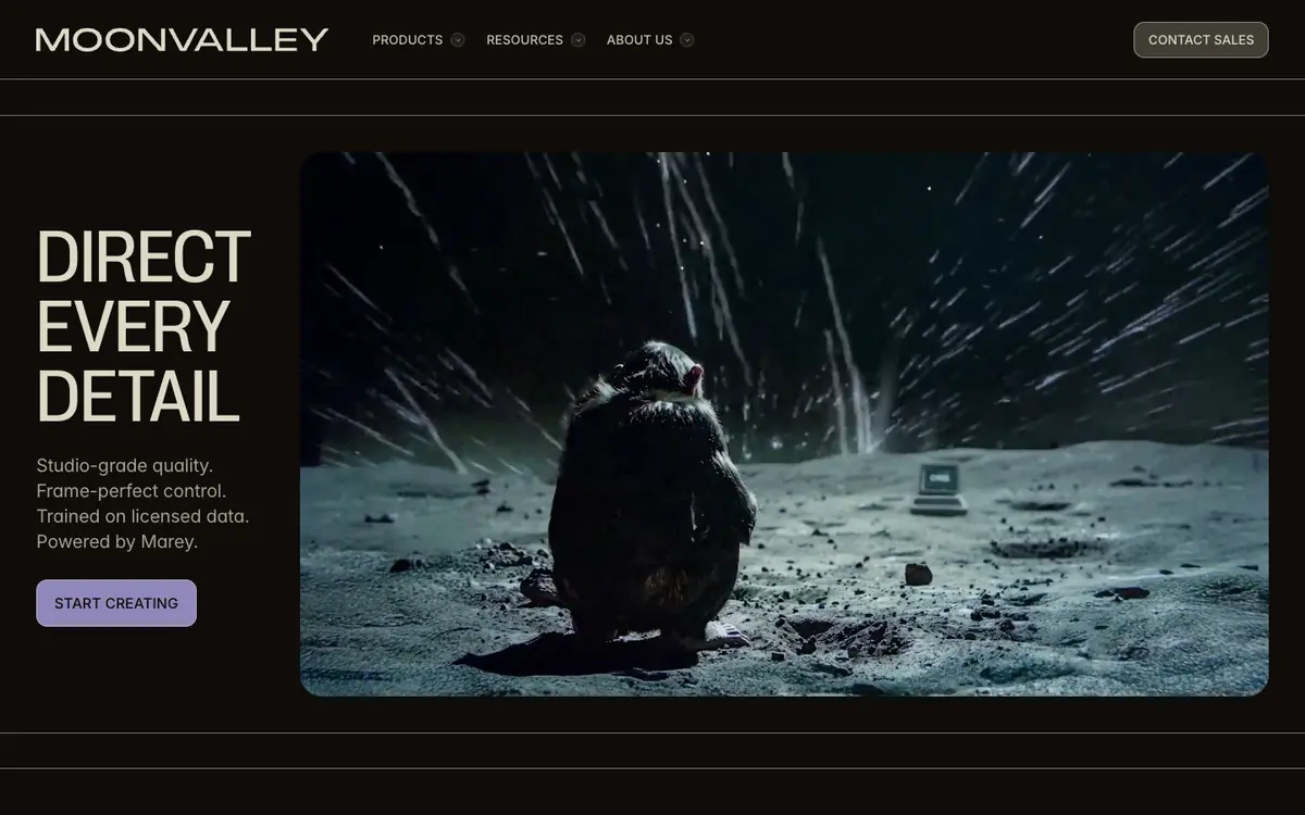 Capture d’écran de la page d’accueil de Moonvalley