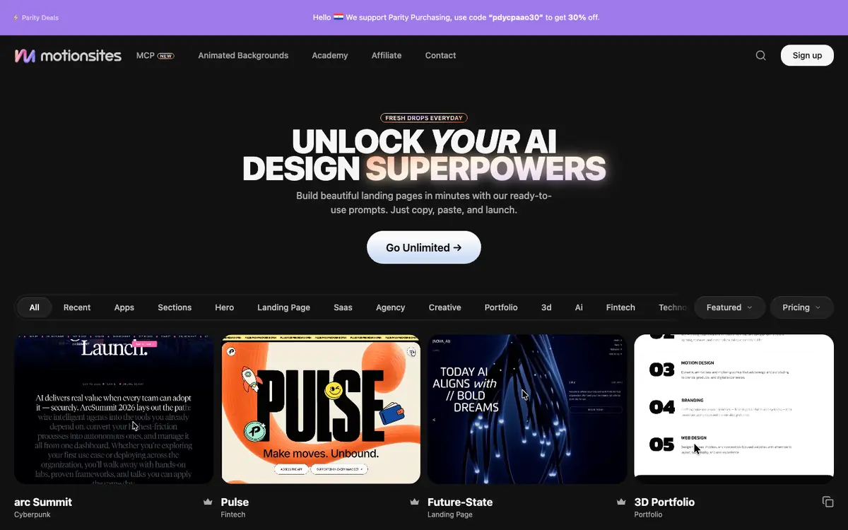 Capture d’écran de la page d’accueil de MotionSites AI