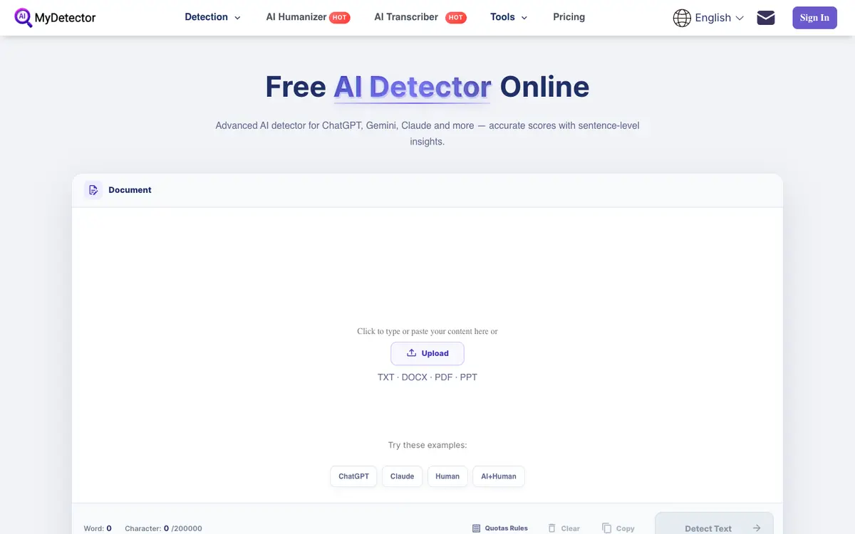 Capture d’écran de la page d’accueil de MyDetector