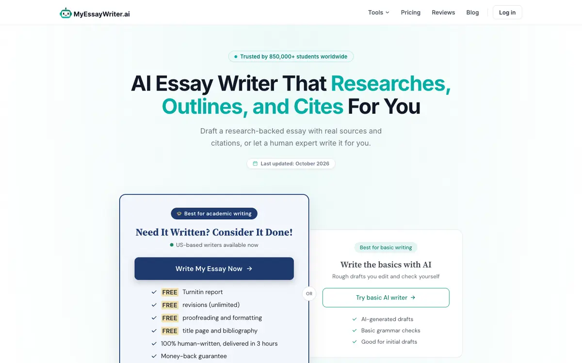 Capture d’écran de la page d’accueil de MyEssayWriter.ai