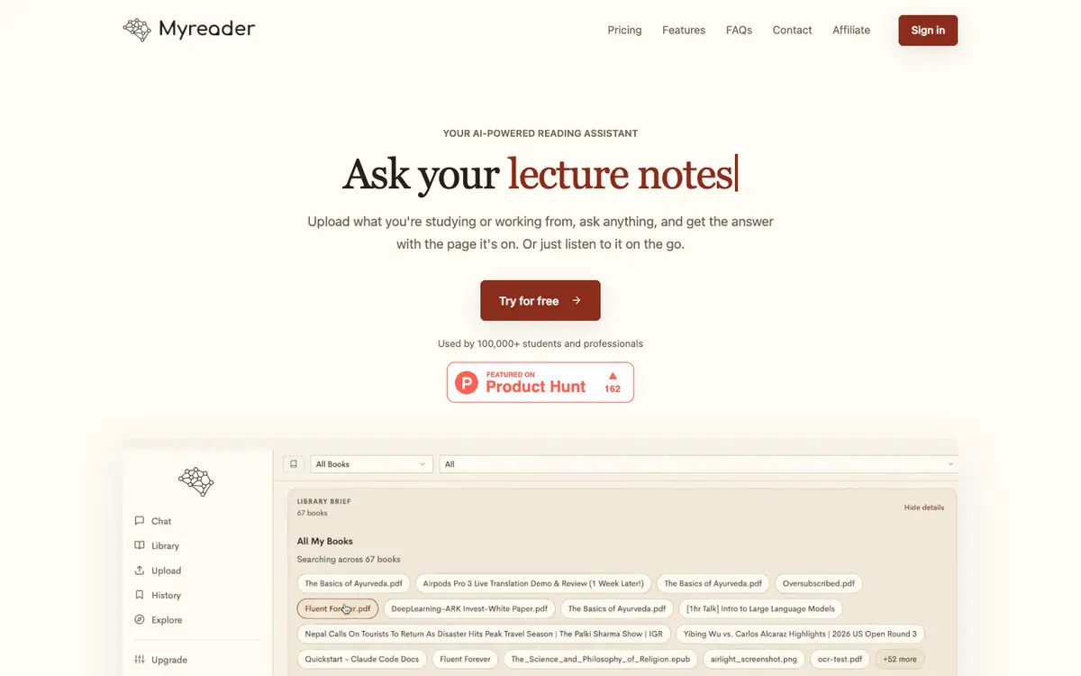 Capture d’écran de la page d’accueil de Myreader