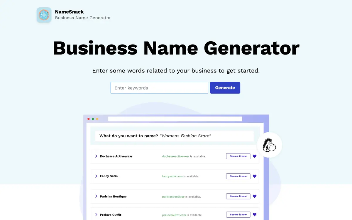 Capture d’écran de la page d’accueil de NameSnack