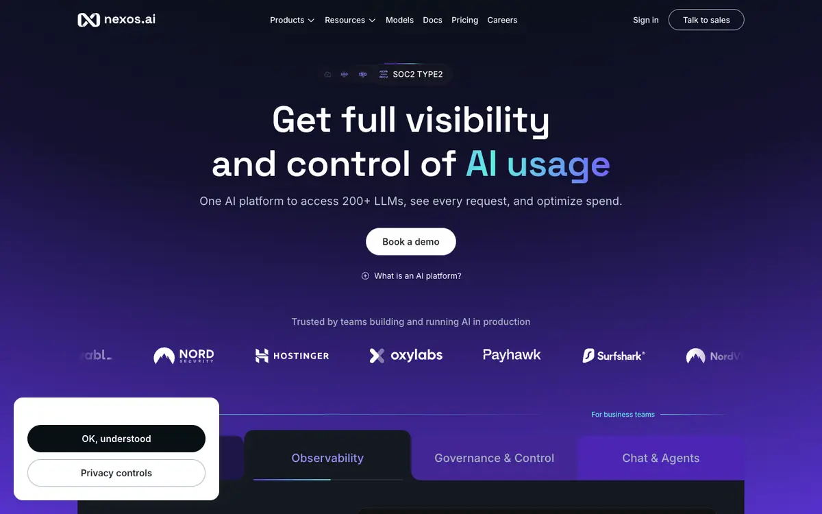 Capture d’écran de la page d’accueil de nexos.ai